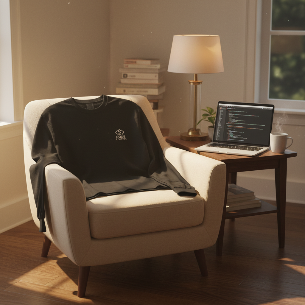 Code & Capital black crewneck sweatshirt draped over a cream armchair in a cozy sunlit room with a laptop, lamp and coffee mug