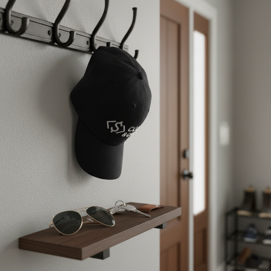 Code & Capital black dad hat hanging on an entryway wall hook with sunglasses and keys on a wooden shelf below