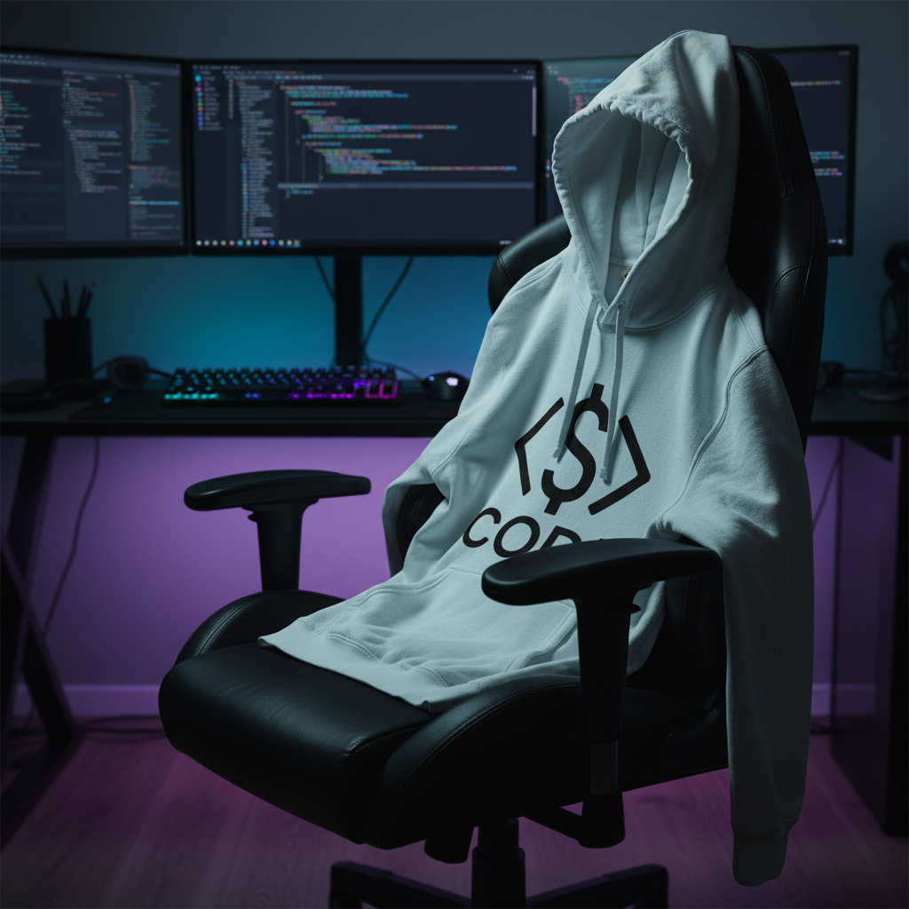 Code & Capital logo hoodie draped over a black gaming chair in a dark RGB-lit room with dual code monitors and purple ambient lighting