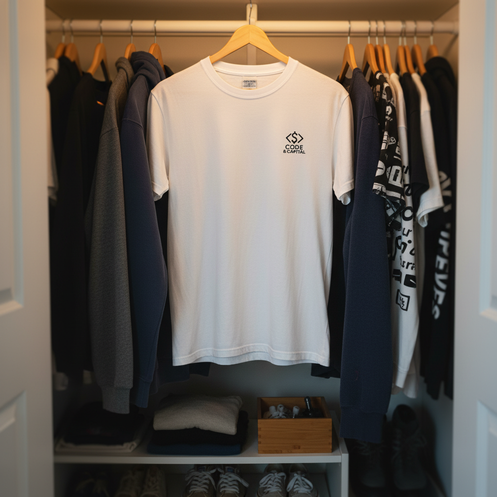 Code & Capital white logo t-shirt on a wooden hanger centered in an organized closet of clothes above a shelf of sneakers
