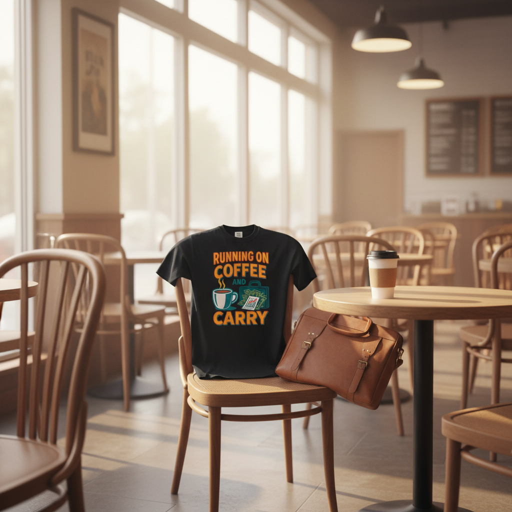 Running on Coffee and Carry funny tee on a cafe chair beside a leather messenger bag and a takeaway coffee cup in a sunny coffee shop