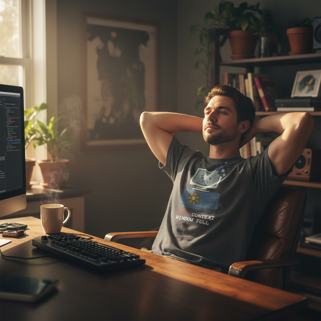 Burned-out developer leaning back at his computer desk wearing the Context Crash funny programmer t-shirt with a steaming coffee mug
