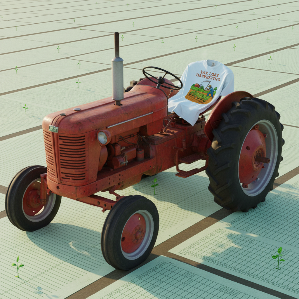 Tax Loss Harvesting Farming Gains tee draped on a red tractor plowing furrowed rows of green spreadsheet ledger paper