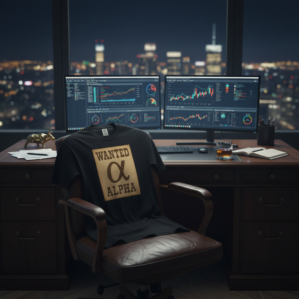 On the Hunt for Alpha Wanted Alpha tee draped over a leather executive chair at a trading desk with dual market monitors and a night city skyline