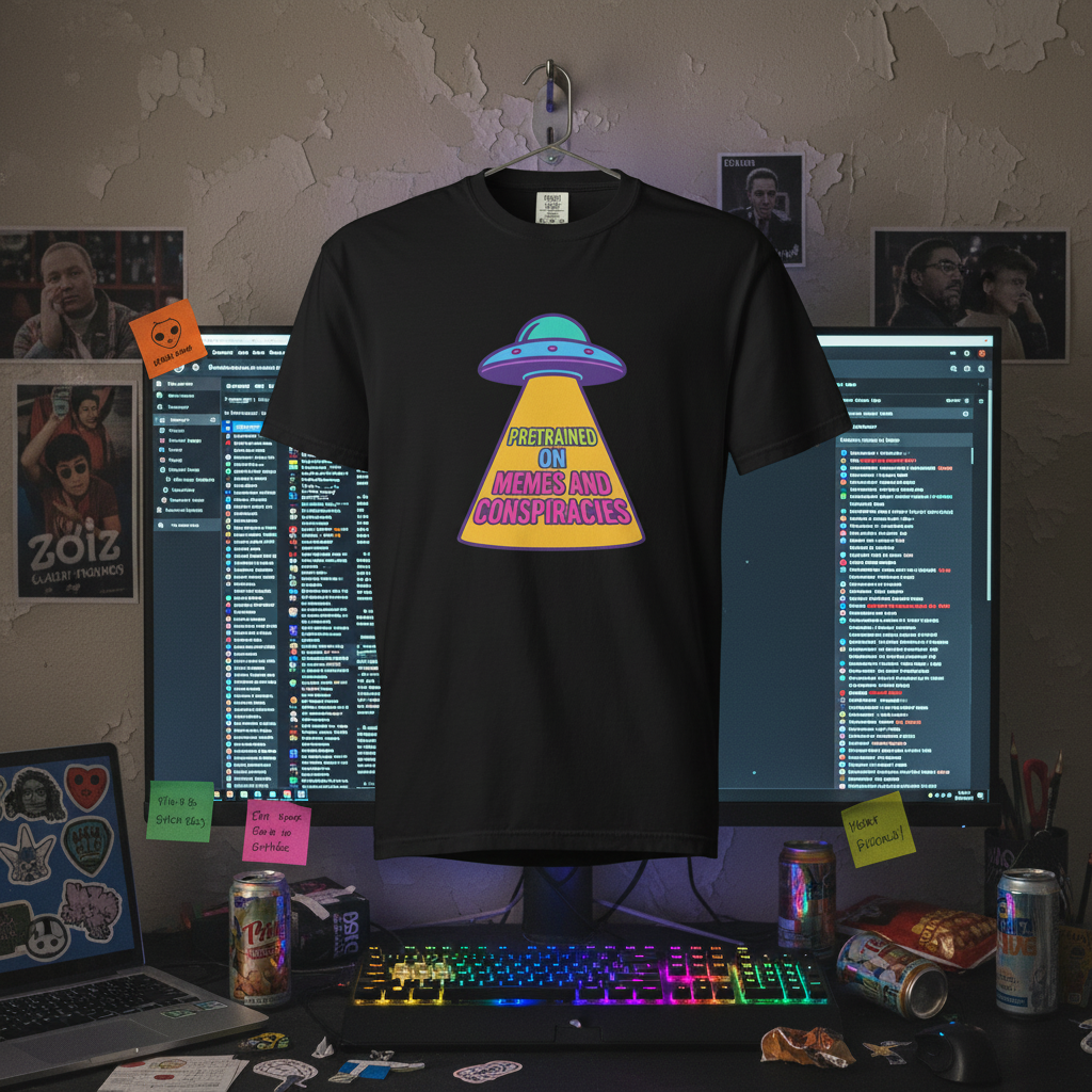 Pretrained on Memes and Conspiracies UFO tee hanging in a chaotic conspiracy-theorist bedroom with an RGB keyboard, monitors and energy drinks