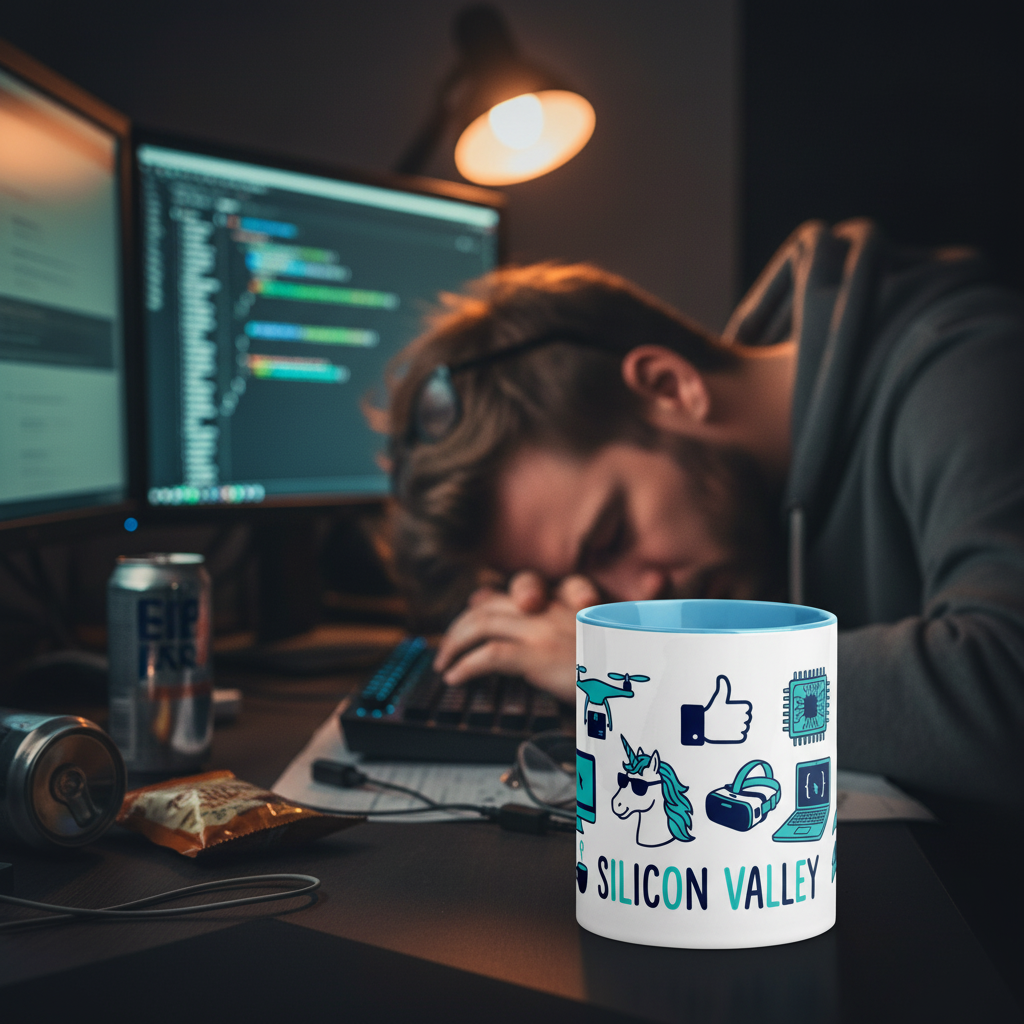 Exhausted developer asleep at his desk late at night beside the Silicon Valley coffee mug, an energy drink and dual code monitors