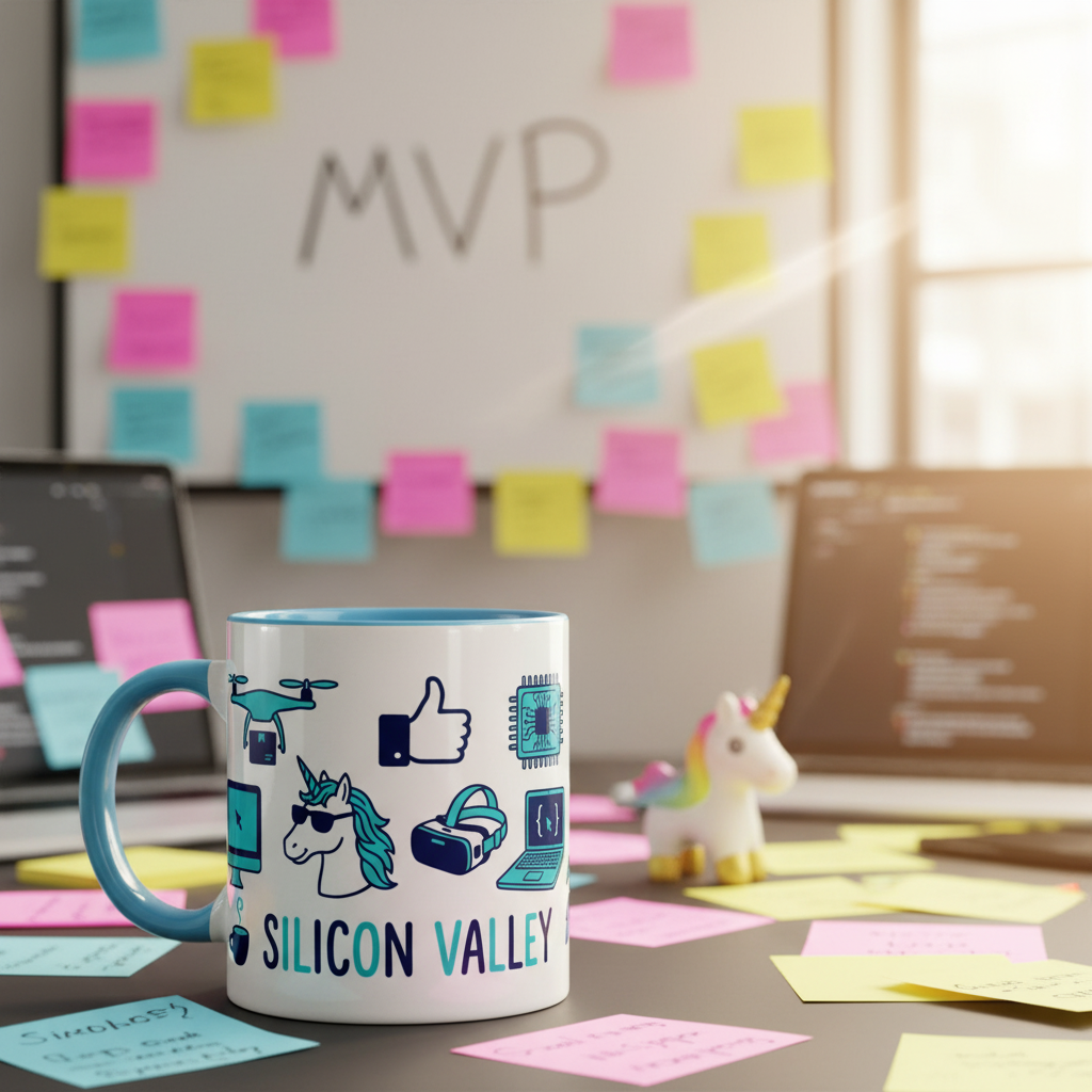 Silicon Valley Caffeine-as-a-Service coffee mug on a startup desk covered in sticky notes with an MVP whiteboard behind it