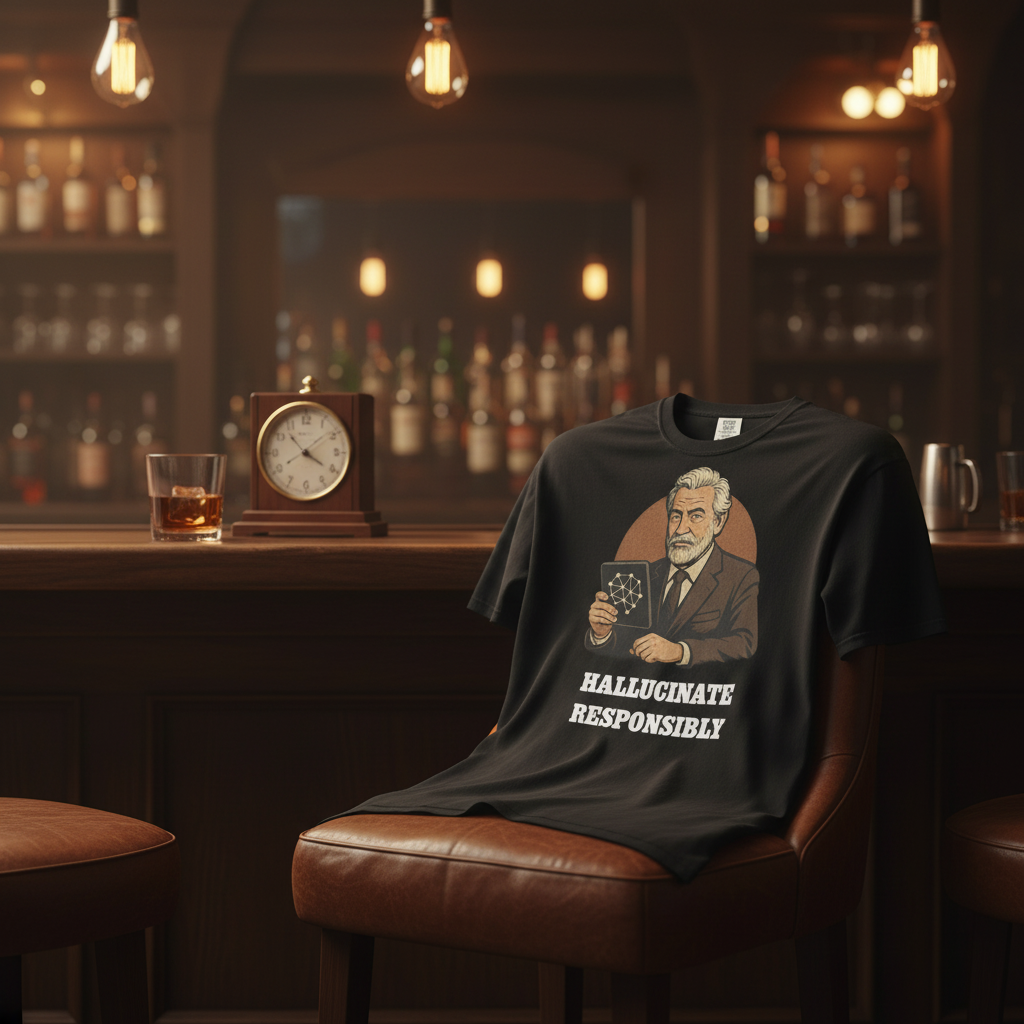 The Most Interesting Model Hallucinate Responsibly tee draped on a leather bar stool in a moody whiskey lounge with a vintage clock and a glass of bourbon