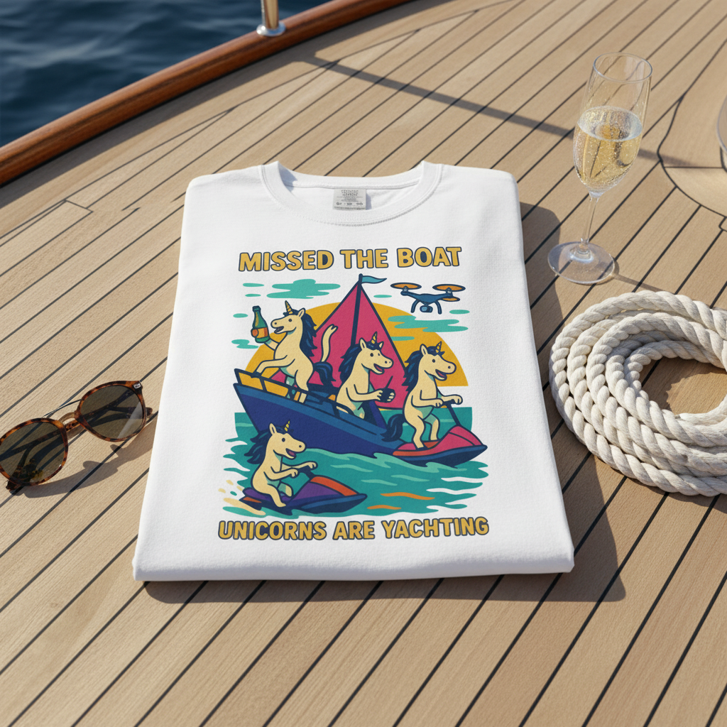 Missed the Boat Unicorns Yachting funny t-shirt folded on a yacht deck with sunglasses, champagne and a coiled rope