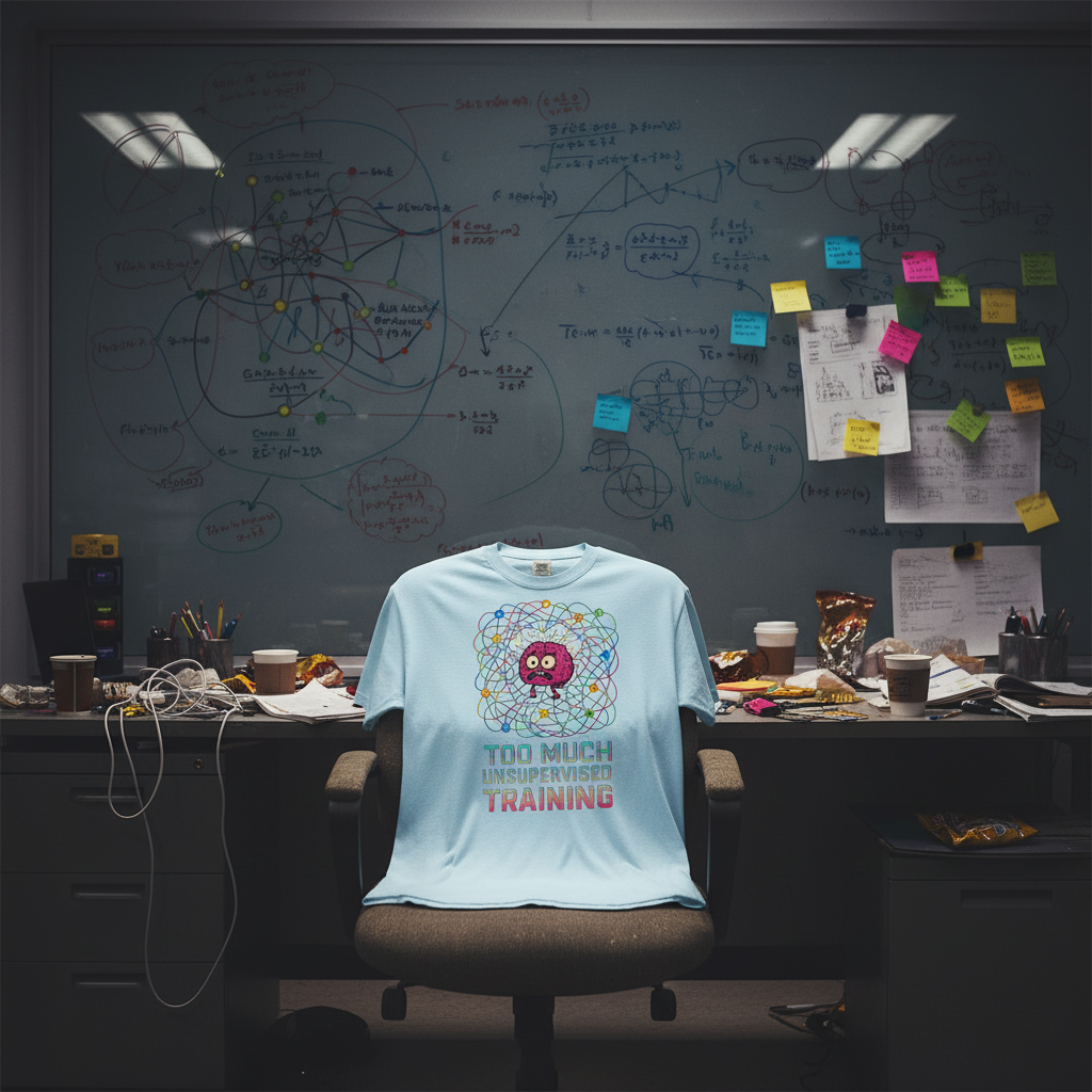 Too Much Unsupervised Training brain tee on an office chair before a whiteboard covered in tangled machine-learning equations and sticky notes