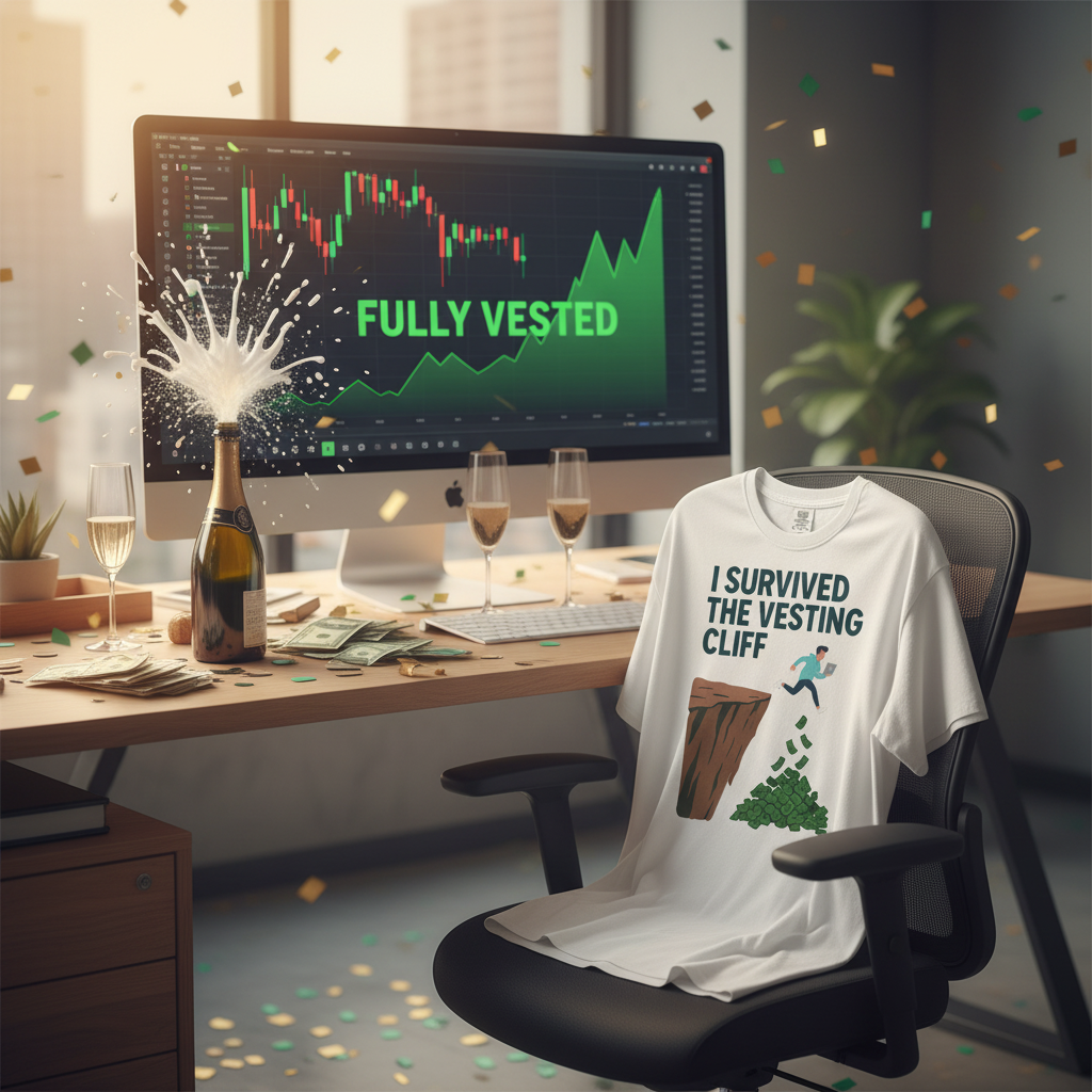 I Survived the Vesting Cliff tee on an office chair with popped champagne, cash and a FULLY VESTED stock chart on the monitor amid confetti