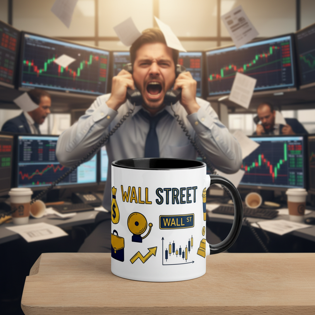 Panicked Wall Street trader screaming into two phones amid flying paper and market screens with the Wall Street coffee mug in front