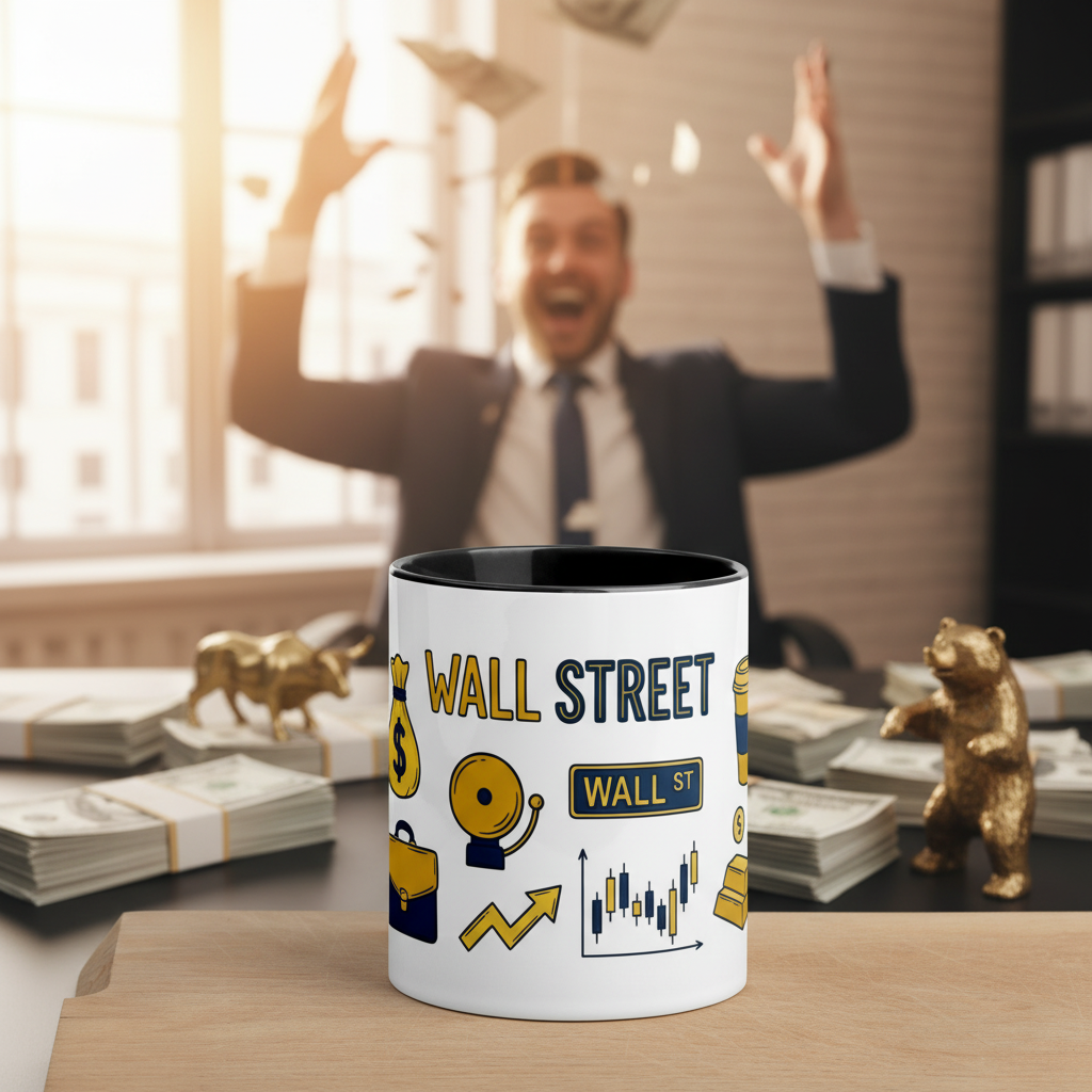 Triumphant Wall Street trader in a suit throwing cash in the air with gold bull and bear figurines and the Wall Street coffee mug