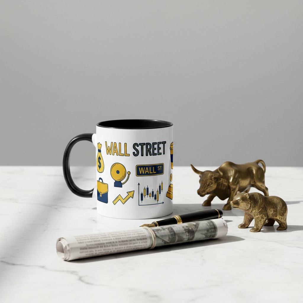 Wall Street coffee mug on marble beside a gold bull and bear, a fountain pen and a rolled financial newspaper