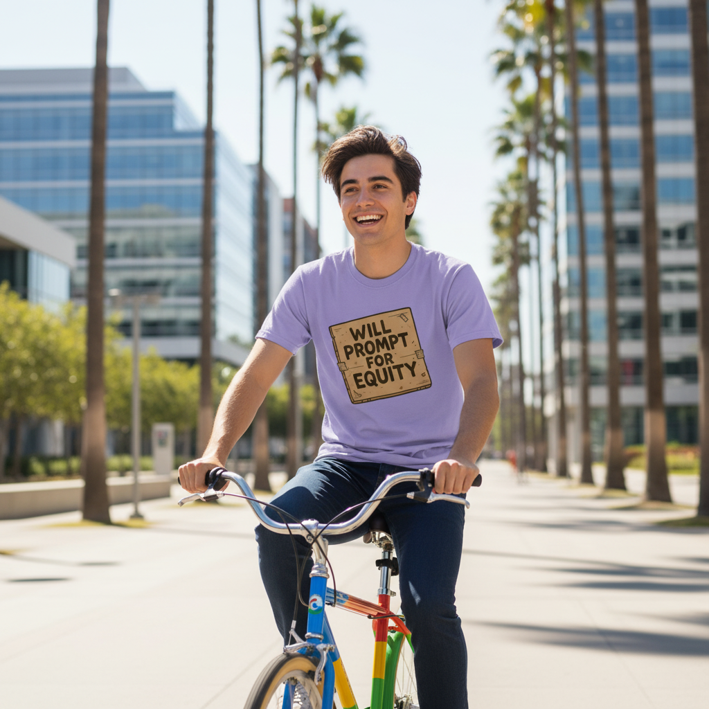 Man wearing the Will Prompt for Equity funny startup founder t-shirt while biking past tech office buildings