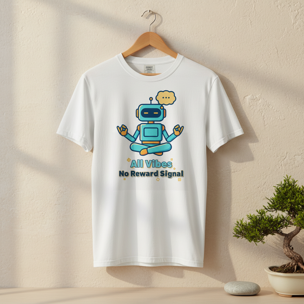 Zen Robot All Vibes No Reward Signal funny t-shirt on a wooden hanger by a sunlit beige wall with a bonsai and zen stone