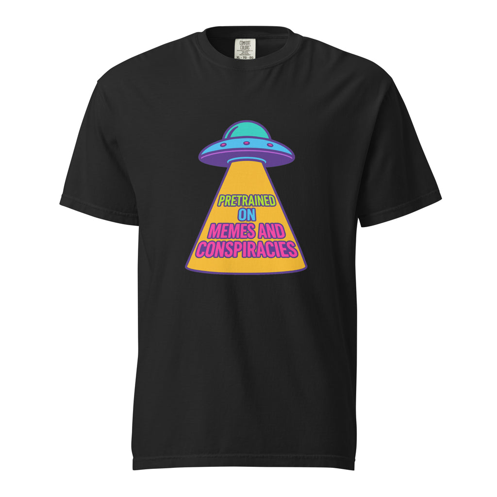 Reinforcement Learning Pretrained on Memes and Conspiracies UFO funny t-shirt in black, front print