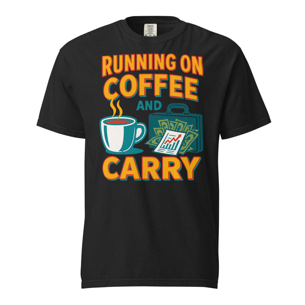 Running on Coffee and Carry funny t-shirt in black, front print