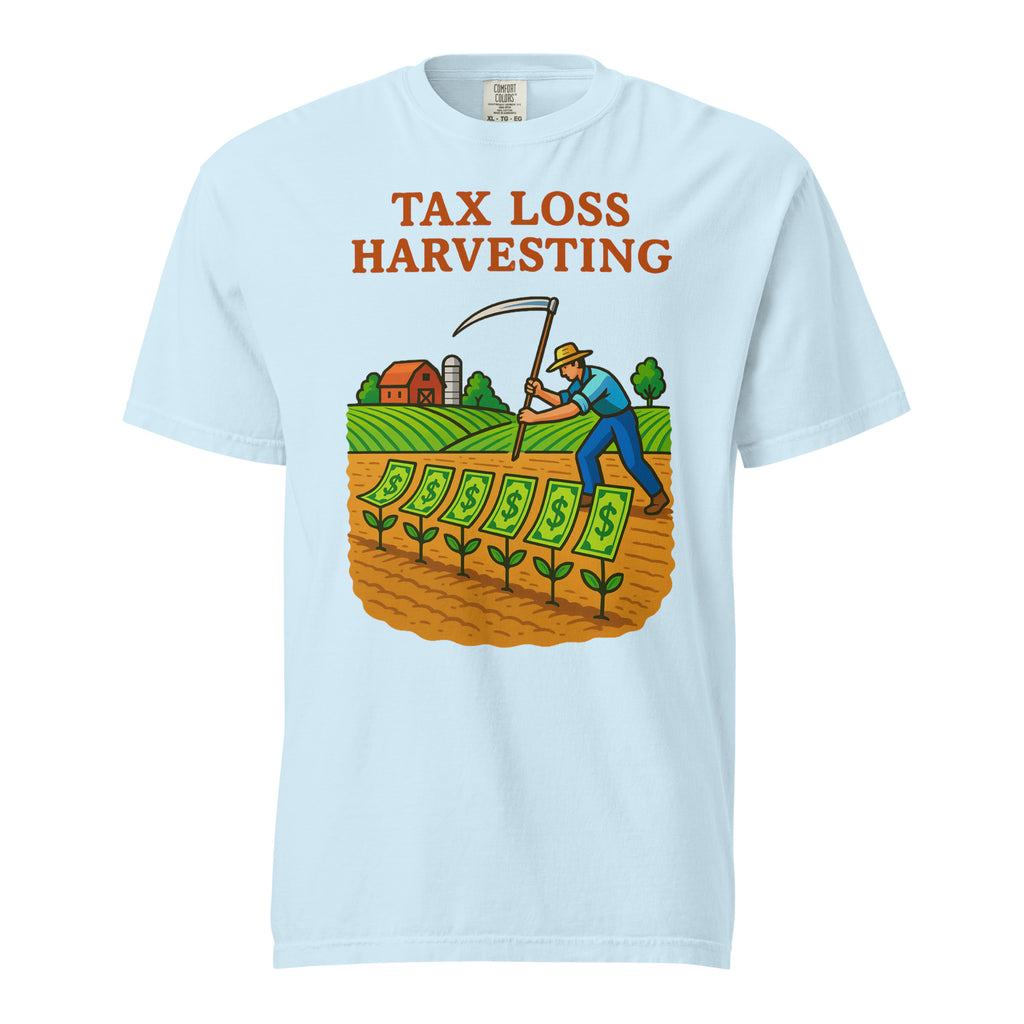 Farming Gains Tax Loss Harvesting funny t-shirt in light blue, front print