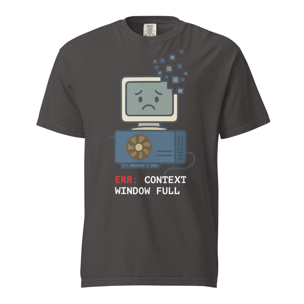 Context Crash funny programmer t-shirt in graphite with a crashed retro computer 'context window full' print, front view