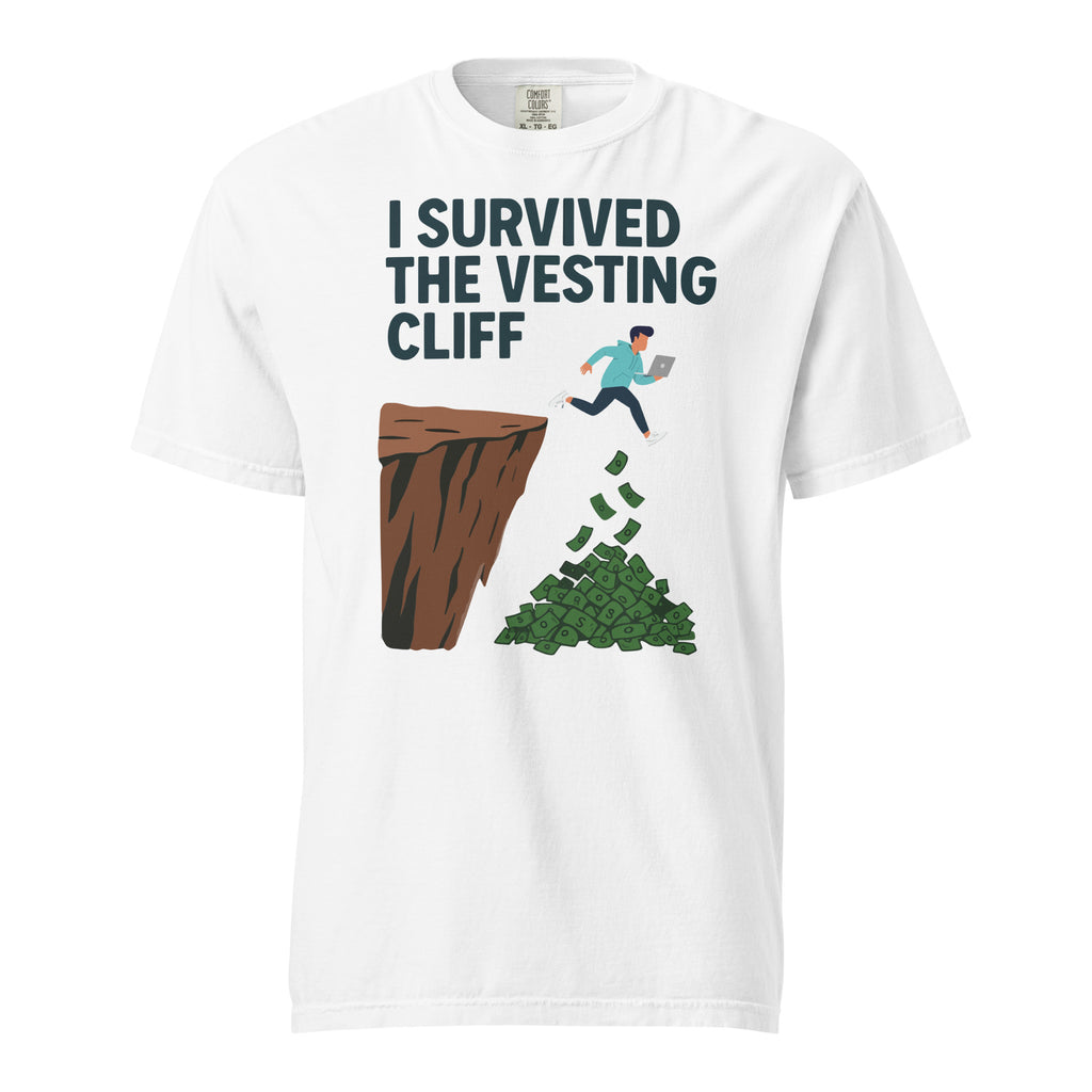 I Survived the Vesting Cliff funny t-shirt in white, front print