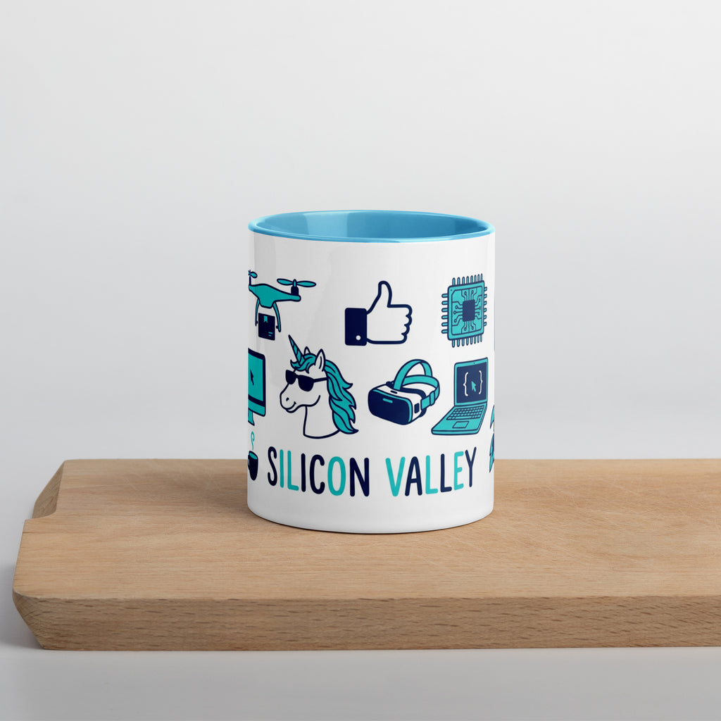 Silicon Valley Caffeine-as-a-Service coffee mug, white with blue interior and tech-icon print, front view